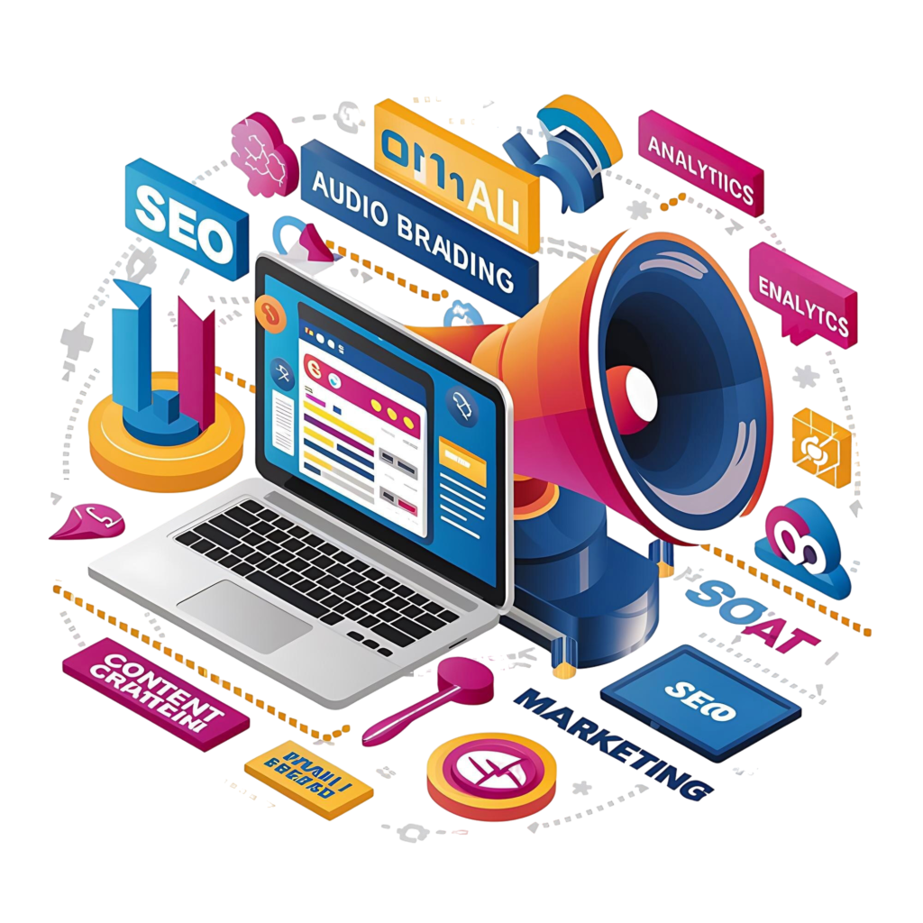 conceito de design de marketing com alto falante de laptop e outros elementos ilustracao vetorial isometrica modelo de pagina de destino para fundo da web